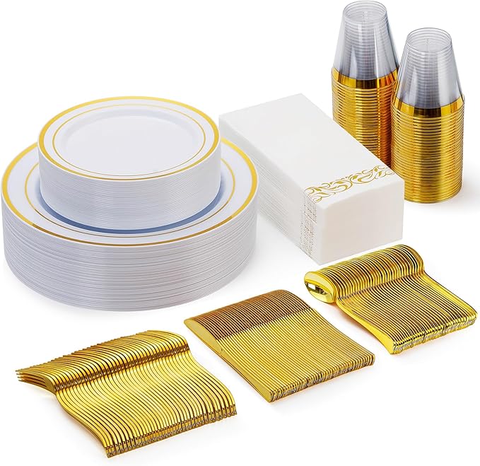 Goodluck 175 Piece Gold Dinnerware Set for 25 Guests, Plastic Plates Disposable for Party, Include: 25 Gold Rim Dinner Plates, 25 Dessert Plates, 25 Paper Napkins, 25 Cups, 25 Gold Silverware Set