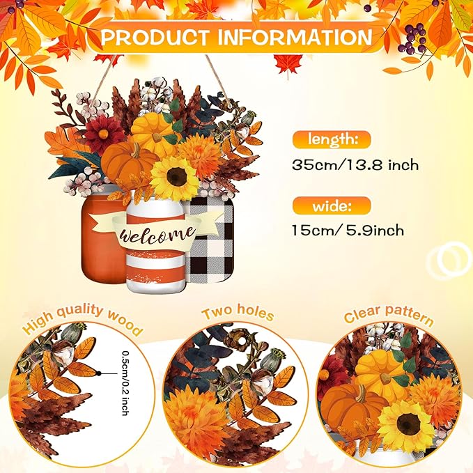 Spiareal Fall Decor Wood Fall Door Sign Pumpkin Thanksgiving Welcome Sign for Front Door Autumn Wooden Wreath Sunflower Porch Wall Art Farmhouse Rustic Outdoor Decorations