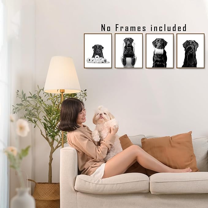 FITIE Funny Black Labrador Retriever Bathroom Wall Art Posters Set of 4, Dog Bathroom Decor, Toilet Humorous Black Lab Dog Canvas Prints Artwork Wall Decor for Bath Wash Room, 8x10 Unframed