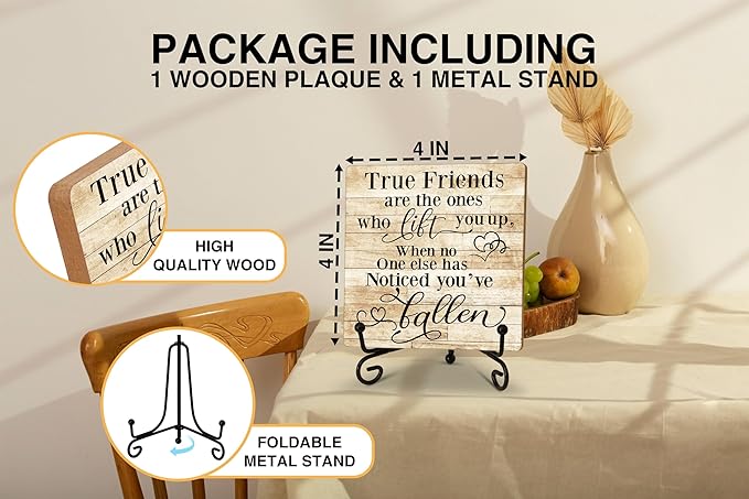 Friendship Quotes Desk Decor Gifts for Women Best Friends, True Friends Are The Ones Who Lift You Up Tabletop Sign, Motivational Wood Plaque With Iron Stand for Home Office Bedroom -16
