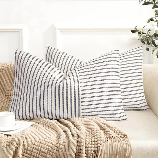 Farmhouse Pillow Covers 12x20, Modern Accent Lumbar Throw Pillow Covers Set of 2, Navy and Beige Striped Patchwork Linen Decorative Pillows Cushion Covers for Couch Chair Bedroom Fall Decorations