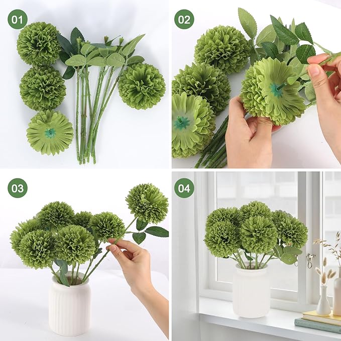 Hananona 12 Pcs Artificial Chrysanthemums Flowers Ball Flower, Fake Mums Flowers Green Silk Flowers for Home Decor Indoor Floral Arrangement St Patricks Day Table Centerpiece (12, Green)