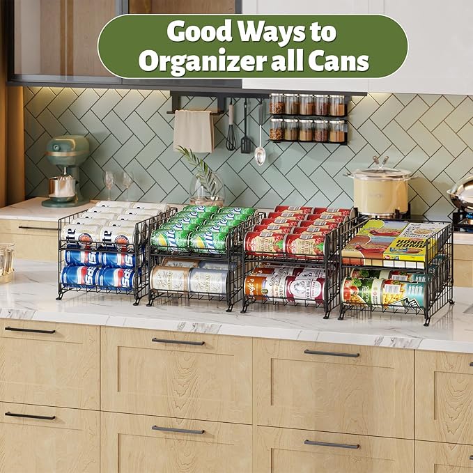 JKsmart 2 Pack 2 Tier Stackable Can Organizer for Pantry, Can Rack Holder for Kitchen Pantry Cabinet, 16inch Depth Can Dispenser for Various Ounces of Canned Food Soda Drinks, Black