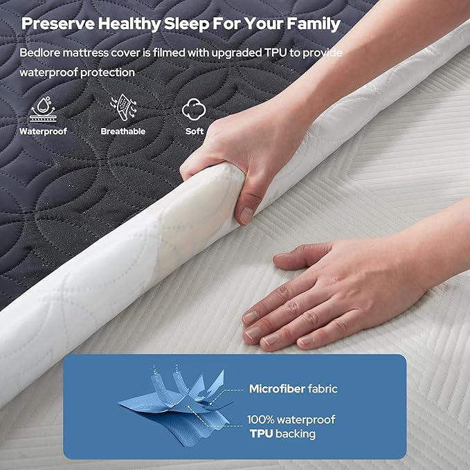 BEDLORE Waterproof Mattress Protector, Cal King Size Mattress Pad with Deep Pocket 6"-18" Depth, Soft Dirt-Proof Double Bed Mattress Cover for Bedroom, College Dorm, Hotel (Navy Blue)