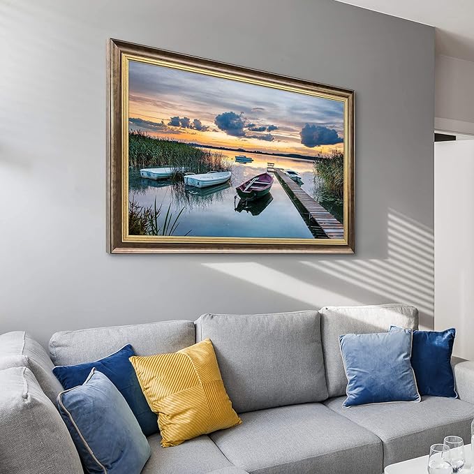 Lake Landscape Canvas Wall Art: Framed Country Scenery Painting Large Calming Rural View Artwork Relaxing Stunning Sunset Skyline Prints Casual Long Pier Picture for Office Living Room