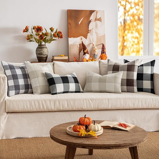 MIULEE Halloween Pack of 2 Classic Farmhouse Buffalo Check Plaids Polyester Linen Solid Black and White Decorative Throw Pillow Covers Home Decor Outdoor Cushion Case for Sofa Bedroom 16 x 16 Inch