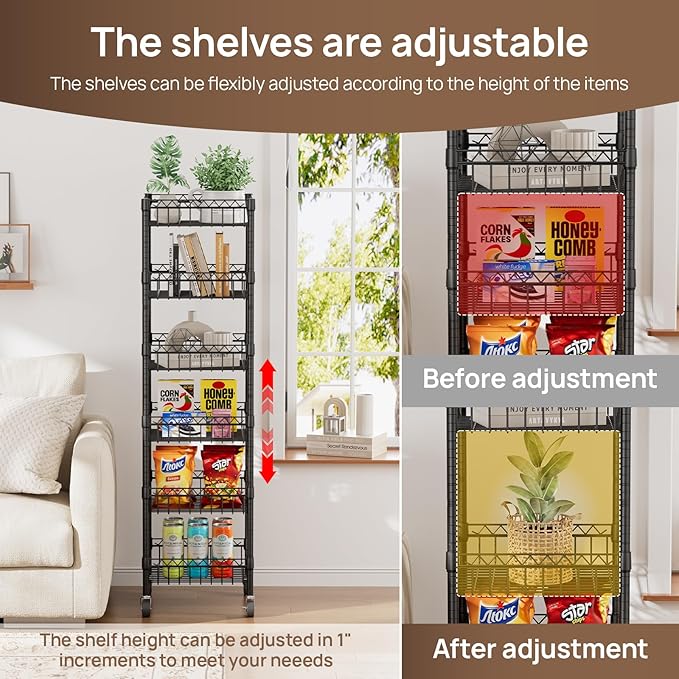 6 Shelves Storage Shelf Wire Closet Bathroom Organizers Metal Pantry Kitchen Garage Shelving Unit Laundry Room Organization Home Rack Net Basket Black with Wheels 14" Dx14 Wx64.8 H