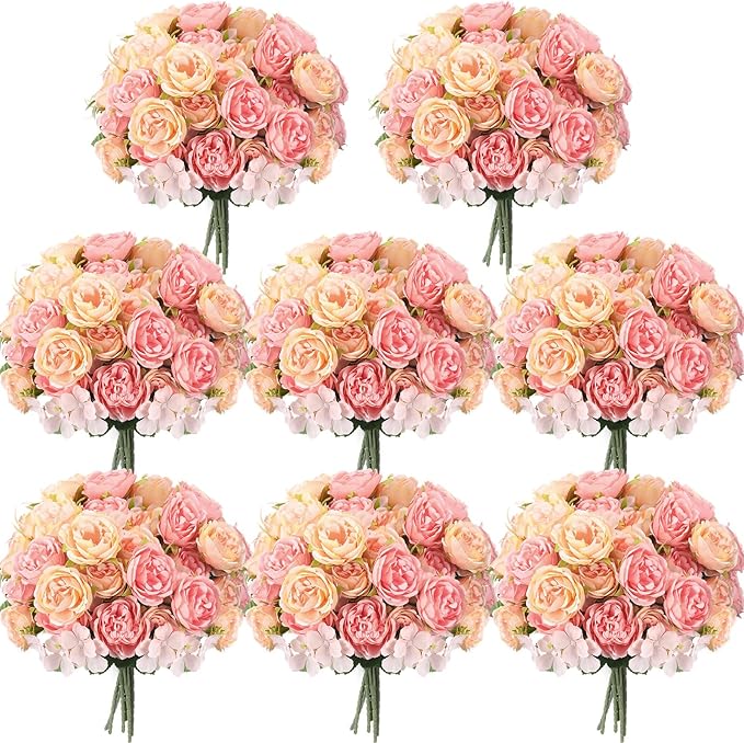 Geosar 8 Bundles Artificial Peonies Flowers Fake Silk Peony Bouquet Faux Peonies Flowers Bulk for Decoration Vase Florals Arrangements Wedding Party Table (Pink,Yellow)