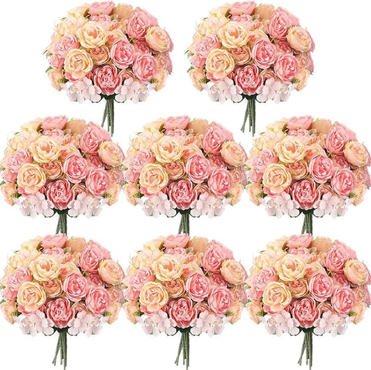 Geosar 8 Bundles Artificial Peonies Flowers Fake Silk Peony Bouquet Faux Peonies Flowers Bulk for Decoration Vase Florals Arrangements Wedding Party Table (Pink,Yellow)
