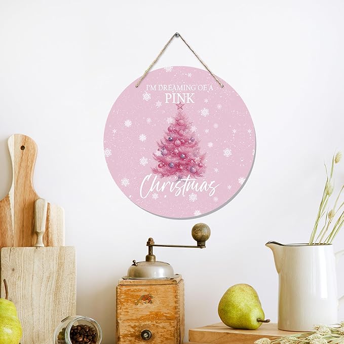 CGBHW Pink Christmas Tree Wooden Sign, Winter Holiday Theme Hanging Sign Wall Decor for Girls Room Home College, Aesthetic Christmas Xmas Snowflake Door Decor 12 x 6 Inch