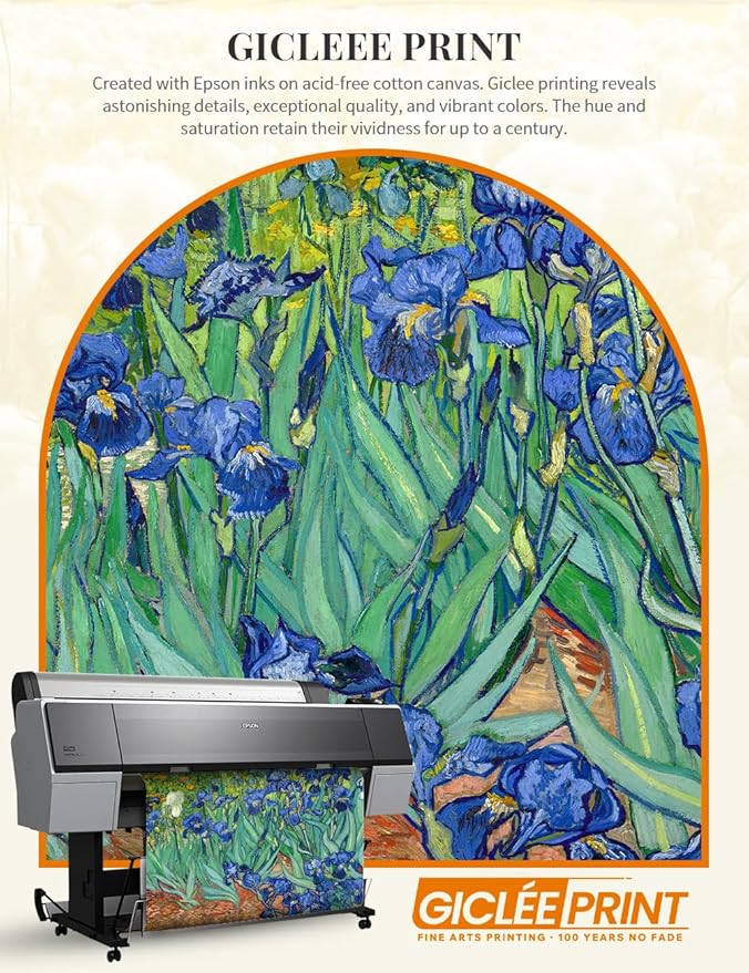 DECORARTS - Irises in the Garden by Vincent van Gogh, Museum-Quality Giclee Canvas Print with Silver Solid Wood Frame, 34.75 x 28.75 in, Ready to Hang, Made in USA