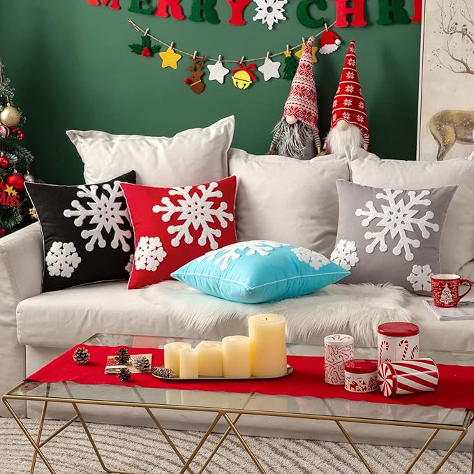 MIULEE Pack of 2 Christmas Decorative Snowflake Throw Pillow Covers Canvas Embroidery Winter Cushion Cases Holiday Decor Soft Pillowcases for Winter Couch Sofa Bedroom Car（Red, 16x16in）