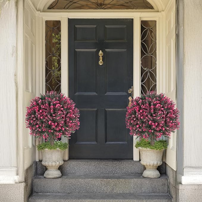 Set of 2 Artificial Rose Boxwood Topiary Ball Bush for Outdoor with Ground Spike 22", UV Resistant Faux Greenery Shrubs, Fake Rose&Green Boxwood Plants for Garden, Yard, Porch, Patio Decor