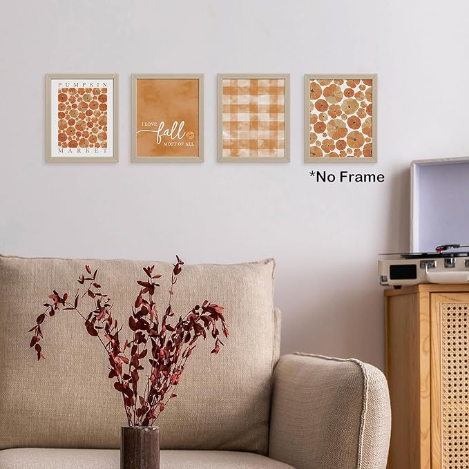 TLESKE Orange Fall Pumpkins Market Posters Prints Unframed Set of 4, Autumn Aesthetic Wall Art Prints for Dorm Bedroom Living Room, I Love Fall Most of All Pictures Wall Decor, 8x10