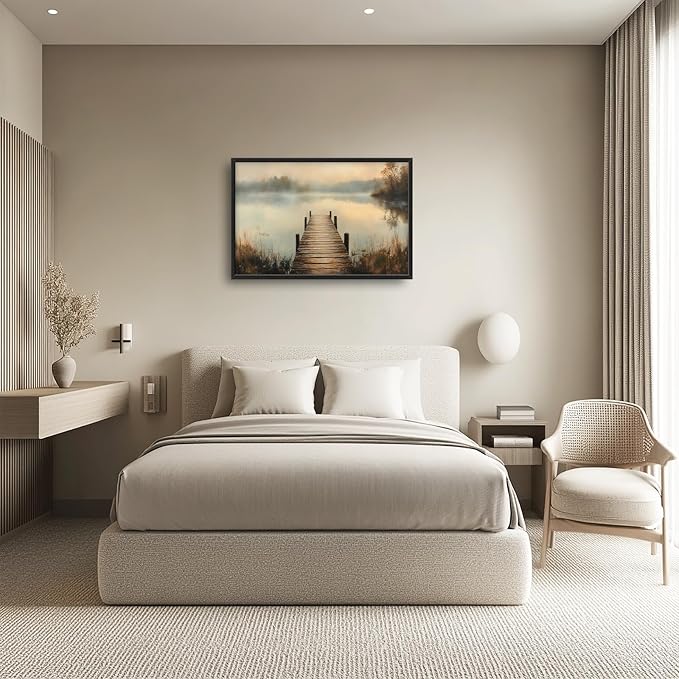 Olivine Large Wall Art, Retro Lake Pictures Wall Decor, Pier Painting, Nature Landscape Canvas Prints, Framed Artwork for Bathroom Bedroom Living Room Office Home Decoration 36"x24"