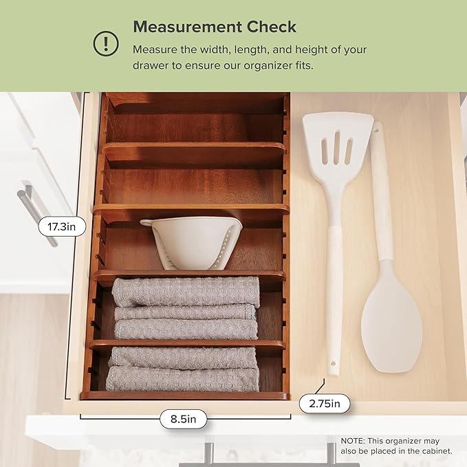 Acacia Kitchen Towel and Storage Organizer, Perfect for Drawers, Cabinets, Pantry, 5 Adjustable Wall Inserts, Non-Slip Feet, Organize Containers, Food-Safe Finish