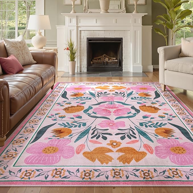 Beeiva Pink 6x9 Area Rugs, Floral Washable Dining Room Rug for Living Room Ultra-Thin, Non Slip Low Pile Indoor Flower Carpet for Girl Nursery Dorm Room Kids Playroom Classroom Decor (Pink,6'x9')