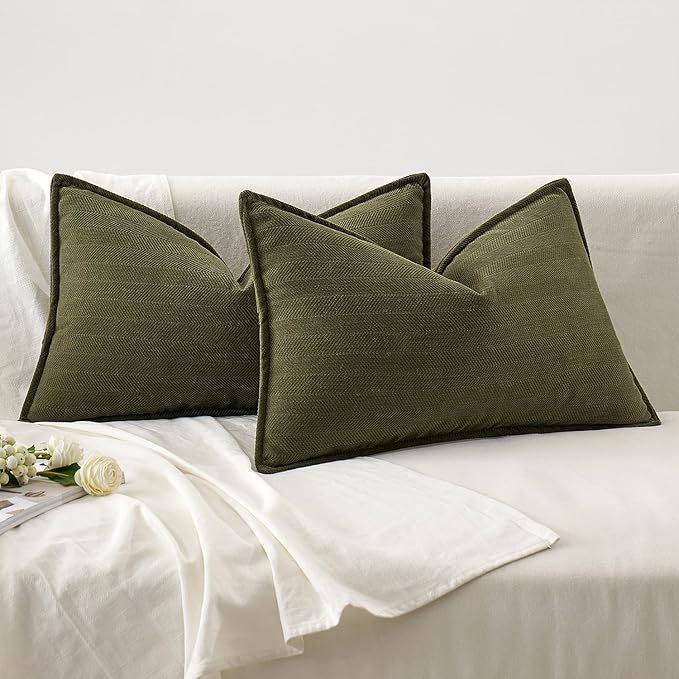 MIULEE Pack of 2 Olive Green Decorative Lumbar Pillow Covers 12x20 Inch Soft Chenille Luxurious Couch Throw Pillows Farmhouse Cushion Covers with Elegant Design for Sofa Bed Living Room Home Decor