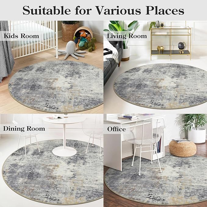 Lahome Modern Abstract Round Rug - 4Ft Grey Small Bathroom Rug Indoor 4x4 Circle Rugs Washable Kitchen Mat, Non Slip Contemporary Bedroom Carpet for Living Dining Room Office Nursery