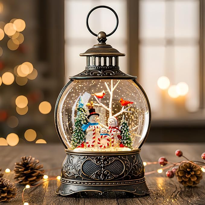 Christmas Snow Globe Lighted Snowman Family&Cardinal Scene, Musical Snow Water Lantern Swirling Glittering Home Decoration and Gift, Battery Operated or USB Powered