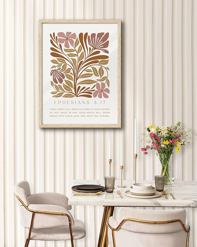 EcoHest Bible Verse Floral Framed Wall Art, Large 16x20 in OAK Wood Abstract Flowers Canvas Wall Art, Ephesians 3:17 Home Decor, Beige Logs Boho Christ Set of 1 for Bedroom Living Room