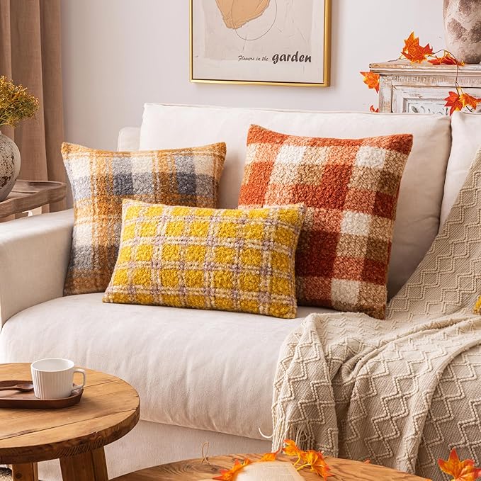 Yellow Plaid Fall Throw Pillow Covers 12x20 Inch Set of 2, Boucle Decorative Pillows Covers,Cozy Fluffy Home Living Room Farmhouse Decor for Sofa Couch Bed