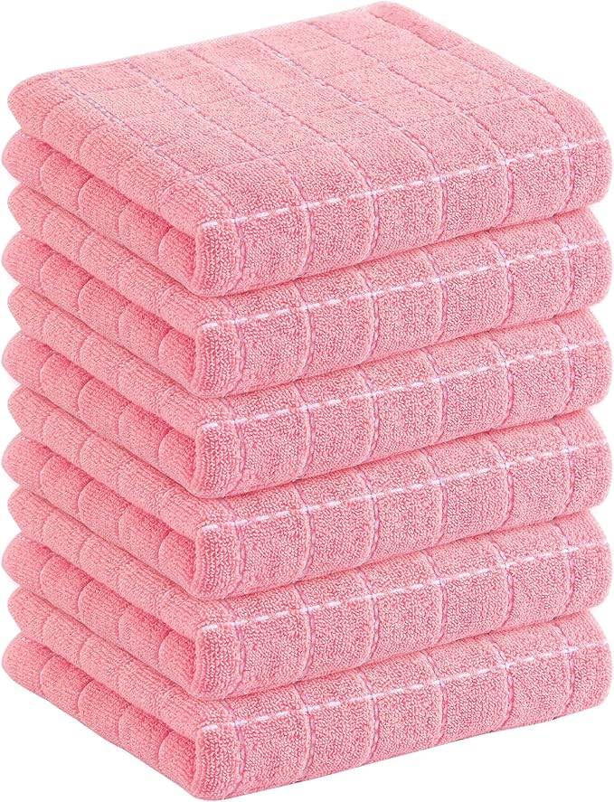 Homaxy 100% Cotton Terry Kitchen Towels(Pink, 13 x 28 inches), Checkered Designed, Soft and Super Absorbent Dish Towels, 6 Pack