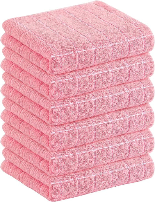 Homaxy 100% Cotton Terry Kitchen Towels(Pink, 13 x 28 inches), Checkered Designed, Soft and Super Absorbent Dish Towels, 6 Pack