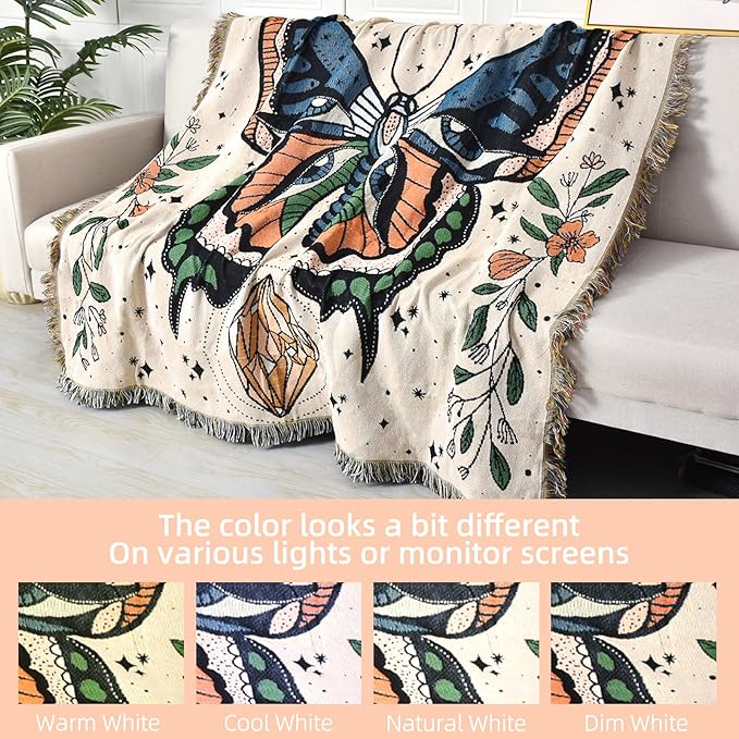Boho Throw Blanket Reversible Cotton Bohemian Tapestry Hippie Room Decor Outdoor Blanket Double Sided (Month Moth White, 50"x60")