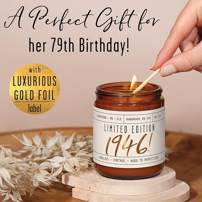 79th Birthday Gifts for Women - 'Limited Edition 1946' Soy Candle, w/Champagne on Ice I 79 Birthday Gifts for Women I 79th Birthday Gift for Her Ideas I 9oz Reusable Jar, 50Hr Burn, Made in USA