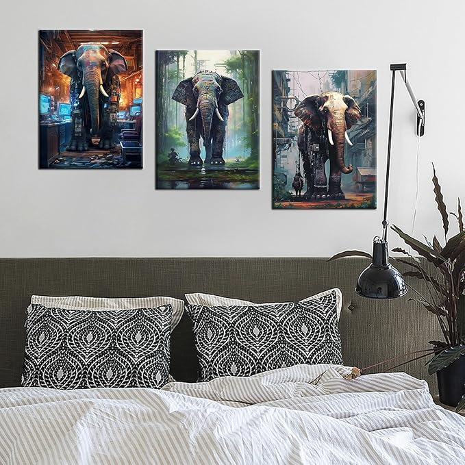 Animal Canvas Wall Art Cyberpunk Style Giant Machine Elephant HD Picture Painting Theme Abstract Poster Print Wall Decor for Modern Home Bathroom Kitchen Workplace Ready to Hang [36''W x 16''H]