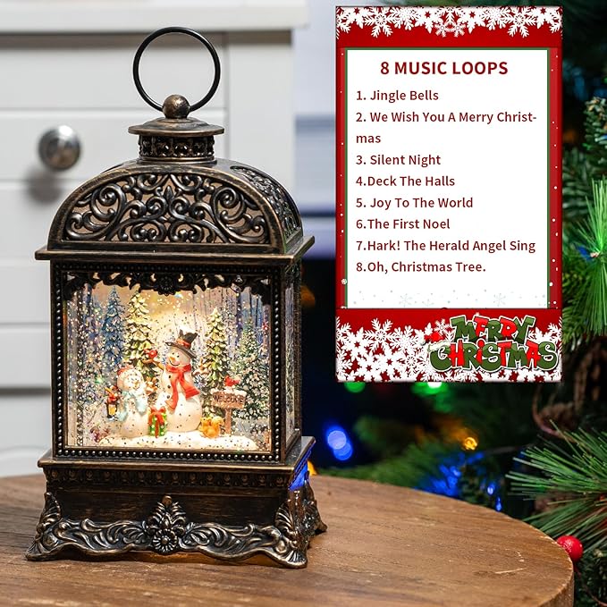Christmas Snow Globes, Snowman Water Lantern, 8 Christmas Music, USB Powered & Battery, Holiday Decorations Gifts for Family Children or Friends