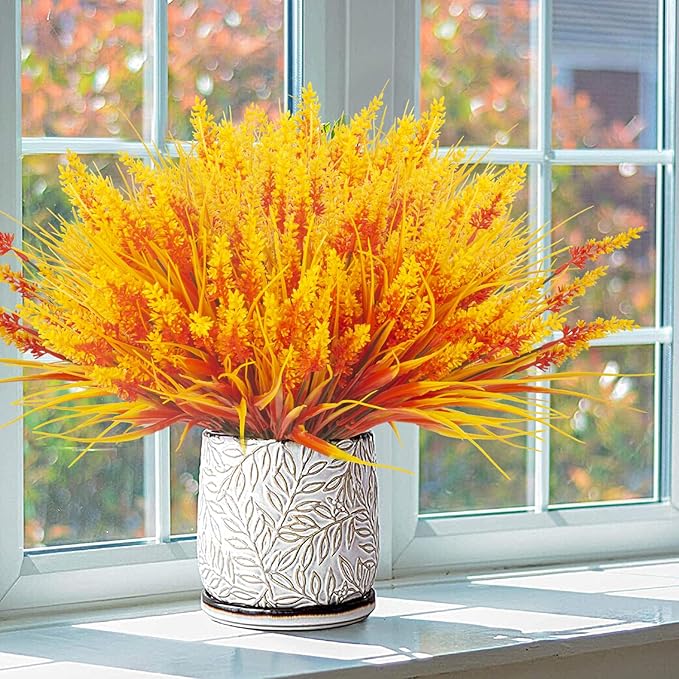 20 Bundles Artificial Plants Outdoor Fake Monkey Grass with Flowers (Fall Orange)