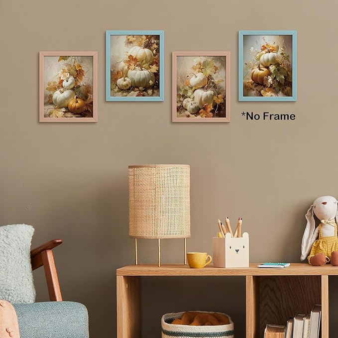 TLESKE Vintage Fall Pumpkin Posters Prints Unframed 8x10 Set of 4, Rustic Farmhouse Cottagecore Wall Art Prints Decor for Bedroom Living Room, Autumn Leaves Thanksgiving Wall Pictures