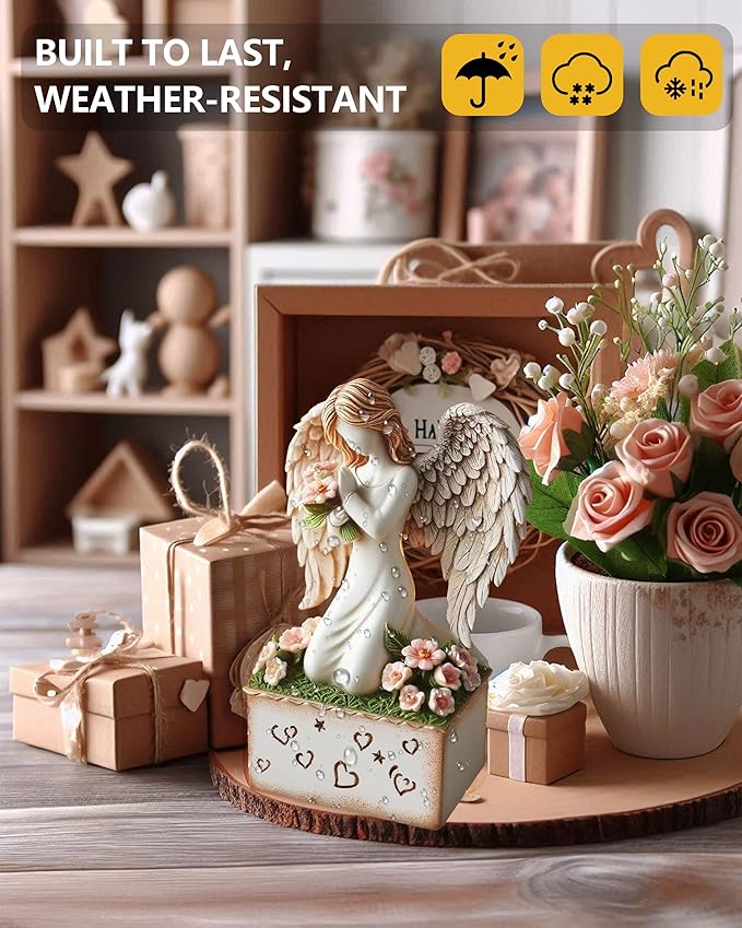 Angelic Embrace - Resin Angel Figurine with Bouquet and Heart Accents Decorative Base - A Gift to Express Unwavering Love, Remembrance, Sympathy, Comfort Healing for Women Girls (Angel)