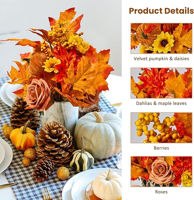 GENMOUS Fall Decor - 2 Pcs Artificial Fall Flowers, Fake Flowers for Autumn, Faux Fall Floral Arrangements Stems Maple Leaf for Home Fall Wedding Bouquet Table Centerpieces Thanksgiving Decoration