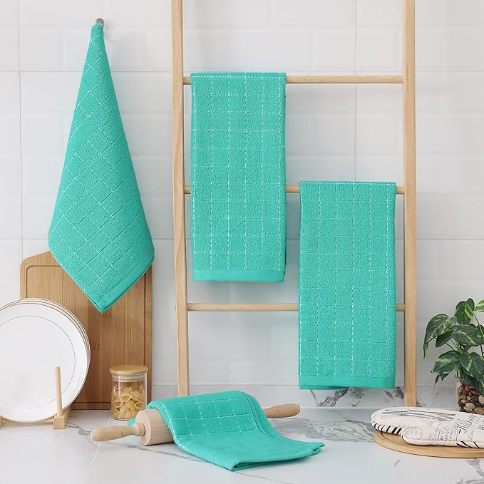 Homaxy 100% Cotton Terry Kitchen Towels(Turquoise, 13 x 28 inches), Checkered Designed, Soft and Super Absorbent Dish Towels, 6 Pack