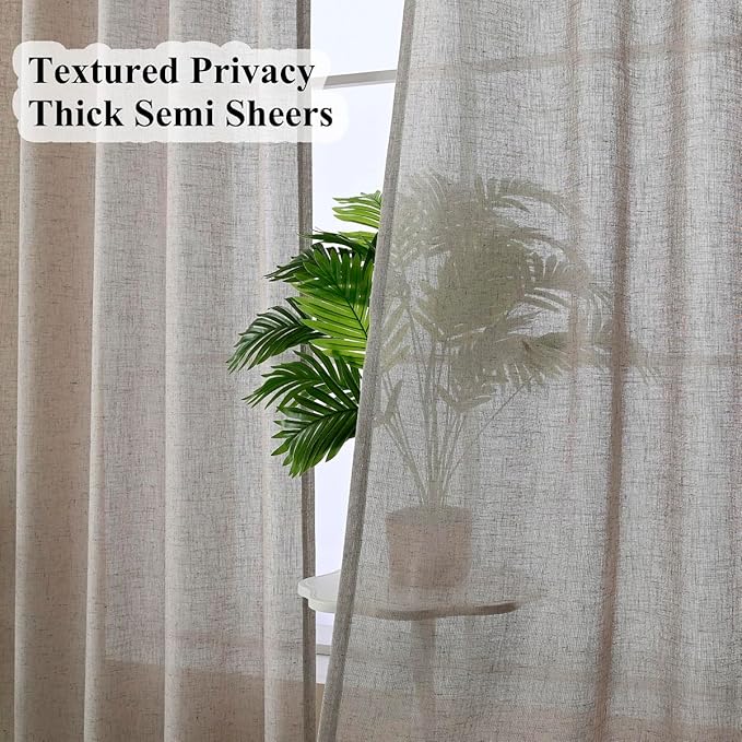 Dark Taupe Pinch Pleated Linen Sheer Curtains 96 Inches Long 2 Panels Set, Brown Light Filtering Drapes for Living Room Dining, Sliding Glass Door Curtain with Rings & Hooks & Back Tab