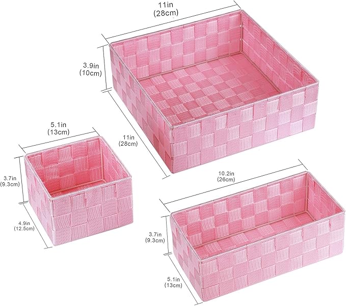 Posprica Woven Storage Baskets for Organizing, Small Baskets Cube Bin Container Tote Organizer Divider for Drawer, Closet, Shelf, Dresser, Set of 4(Pink)