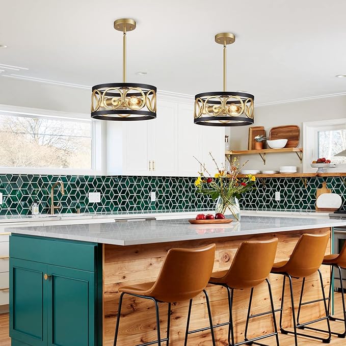 XINGQI 3-Light Modern Chandelier, 13" Pendant Light Height Adjustable Dining Room Light Fixtures for Bedroom Living Room Kitchen Metal Black and Gold