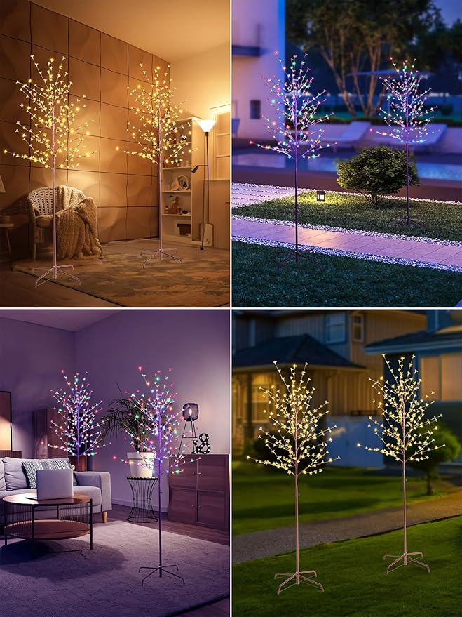 Lomotech Lighted Cherry Blossom Tree - 2 Pack 6Ft Color Changing Artificial Tree with 11 Modes Timer for Indoor Outdoor Party Holiday Christmas Decorations(Warm White to Multicolor)