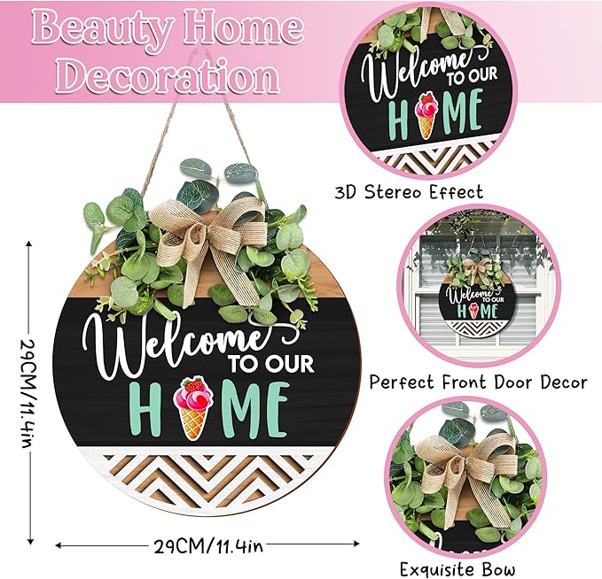 GOSSBY Interchangeable Welcome Sign for Front Door - WELCOME TO OUR HOME - Seasonal Rustic Wood Wreath - Hanging Wall Sign Decoration for Outside, Porch, Farmhouse - New Home, Housewarming Gift