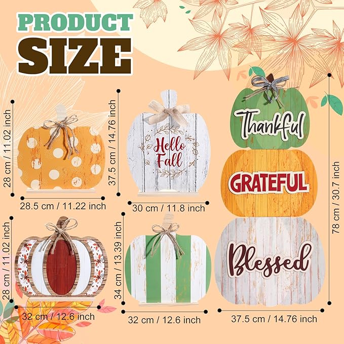 Bucherry 5 Set Fall Porch Decoration Pumpkin Wood Porch Standings Thankful Grateful Blessed Hello Fall Welcome Sign Decor with Base for Thanksgiving Festival Home Front Door Garden(Orange Style)