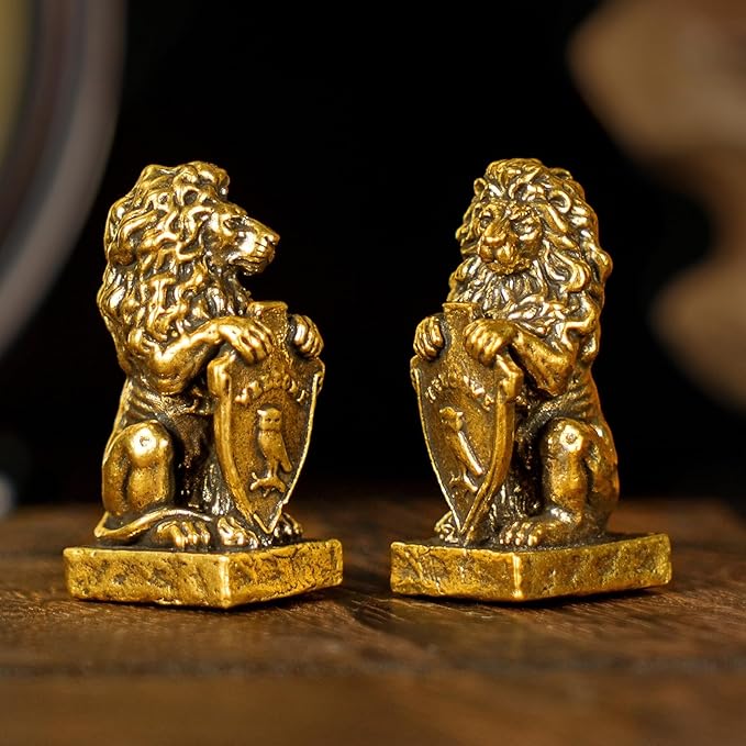 CHOVY Retro Handcrafted Guardian Lion Sculpture - 100% Solid Brass Majestic Lion Holding Ornate Shield Vintage Style Collectible Art Piece for Home & Office | Unique Gift for Mythology Lovers