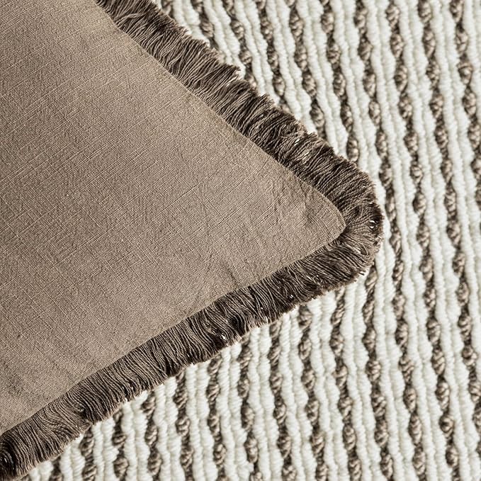 Foindtower Set of 2 Decorative Linen Fringe Throw Pillow Covers Cozy Boho Farmhouse Cushion Cover with Tassels Soft Accent Pillowcase for Couch Sofa Bed Living Room Home Decor, 24×24 Inch, Light Brown