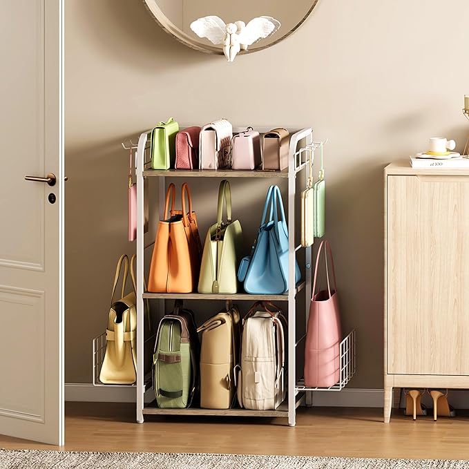White Purse Organizer, 3-Tier Floor Standing Bag Rack Stand Featuring Side Hooks and Baskets, Adjustable Feets, High Capacity Metal & Wood Handbag Holder Design for Closet Storage, Patent Pending