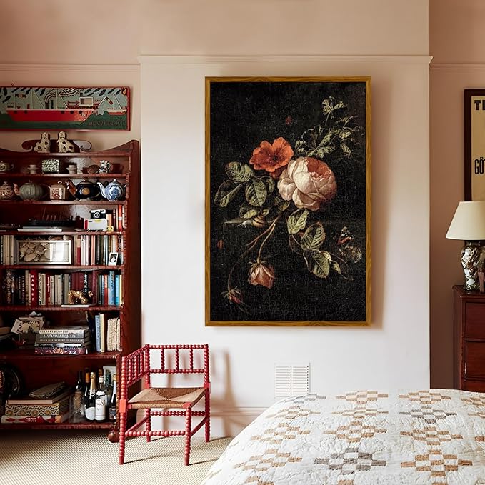crmotu Large Framed Wall Art, Still Life Rose Canvas Prints, Botanical Floral Vintage Oil Paintings, Dark Academia Flower Pictures Wall Decor Living Room Bedroom Bathroom, Kitchen Decorations 24x36in