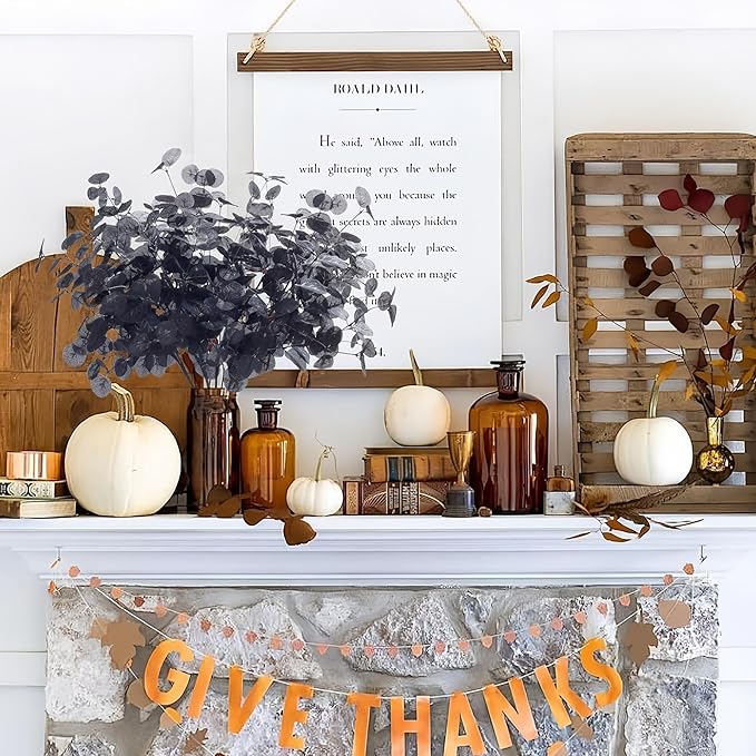 SITUMEIZI 6 Pcs Halloween Black Artificial Eucalytpus Stems Faux Eucalyptus Leaves Branches Tall Bouquet Fall Decor Real Touch Leaf Thanksgiving Table Centerpiece Home Decoration