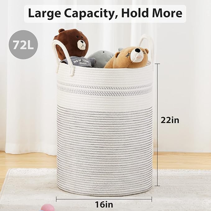 Fiona's magic 72L Large Woven Rope Laundry Hamper, Tall Laundry Basket Storage, Baby Nursery Hamper for Blankets, Toys and Clothes Hamper for Bedroom and Living Room Organizing, Jute, White