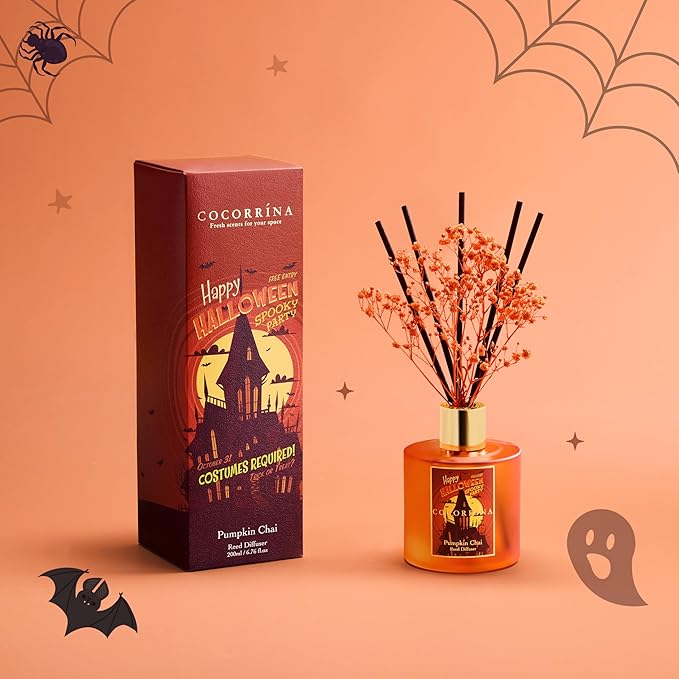 COCORRÍNA Reed Diffuser - Pumpkin Chai 6.7 fl oz Scented Diffuser with 8 Sticks Home Fragrance Bathroom Shelf Decor (Halloween Collection)